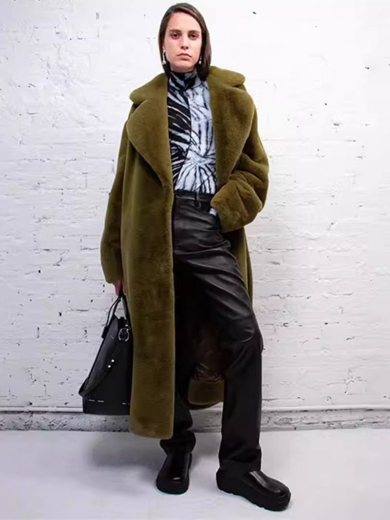 Longline Fuzzy Overfrakk Hakk Lapel Belted Løst Yttertøy For Kvinner - Hunter Green