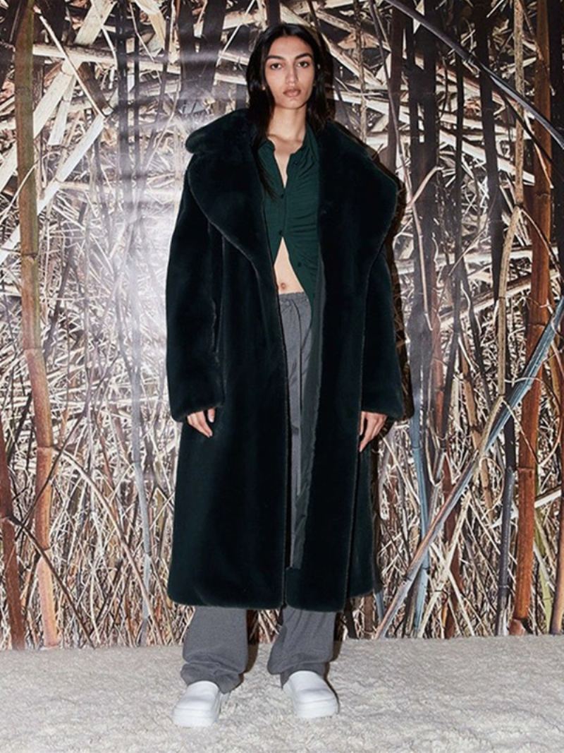 Longline Fuzzy Overfrakk Hakk Lapel Belted Løst Yttertøy For Kvinner - Mørkegrønn