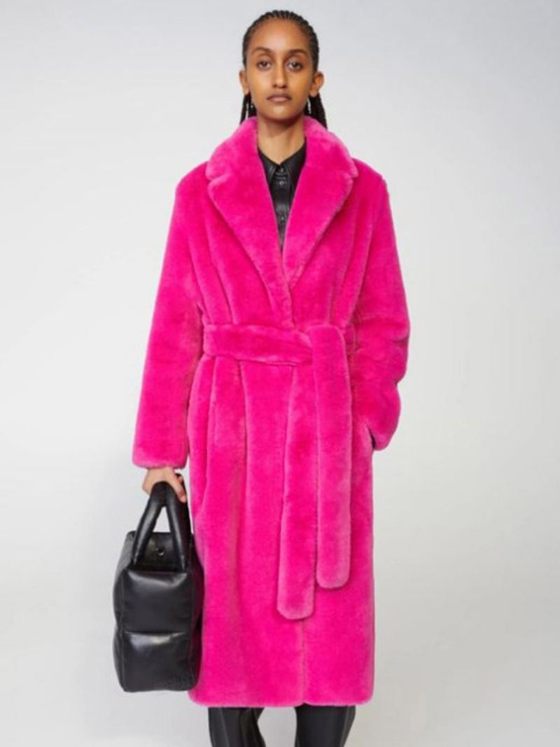 Longline Fuzzy Overfrakk Hakk Lapel Belted Løst Yttertøy For Kvinner - Rose