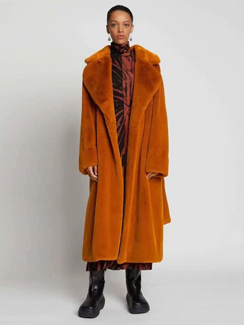 Longline Fuzzy Overfrakk Hakk Lapel Belted Løst Yttertøy For Kvinner - Amber