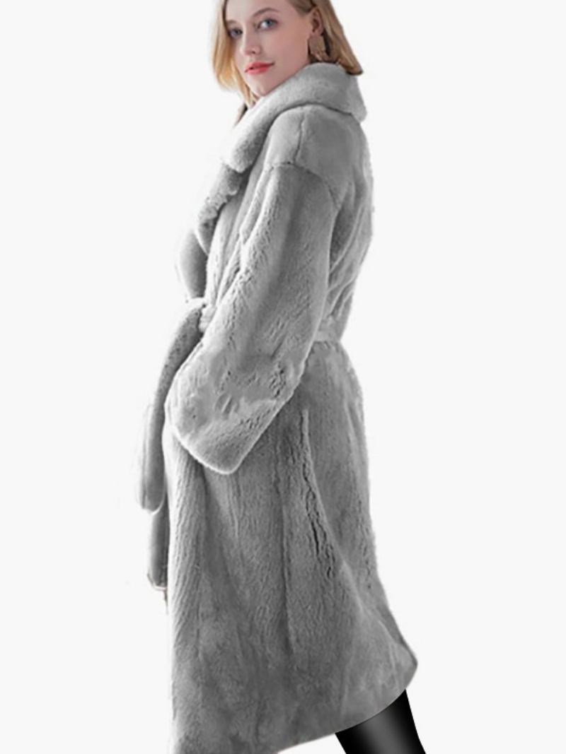 Longline Fuzzy Overfrakk Hakk Lapel Belted Løst Yttertøy For Kvinner - Lys Grå