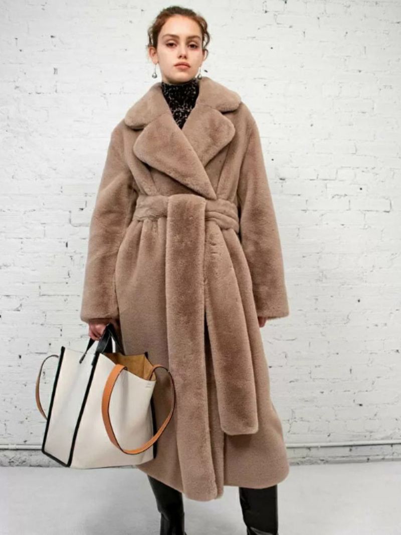 Longline Fuzzy Overfrakk Hakk Lapel Belted Løst Yttertøy For Kvinner - Kamel