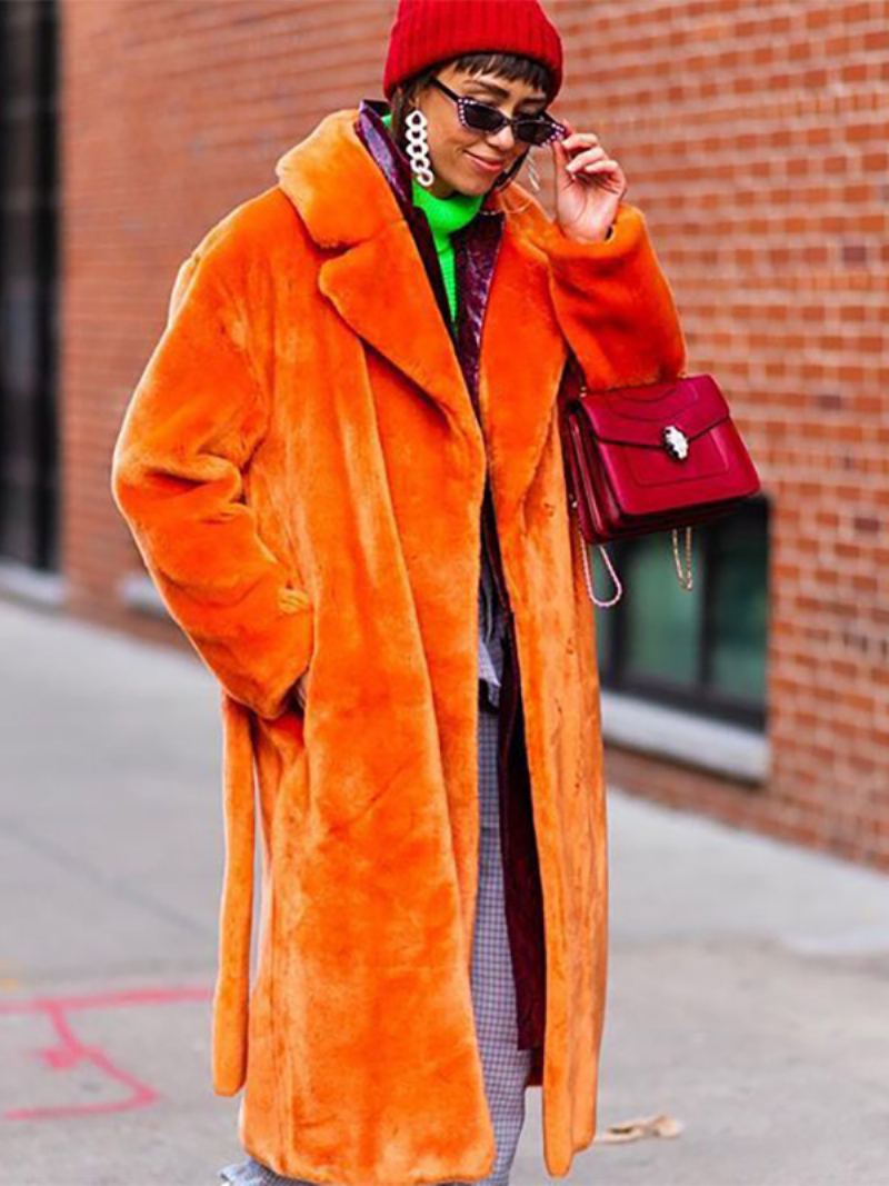 Longline Fuzzy Overfrakk Hakk Lapel Belted Løst Yttertøy For Kvinner - Oransje