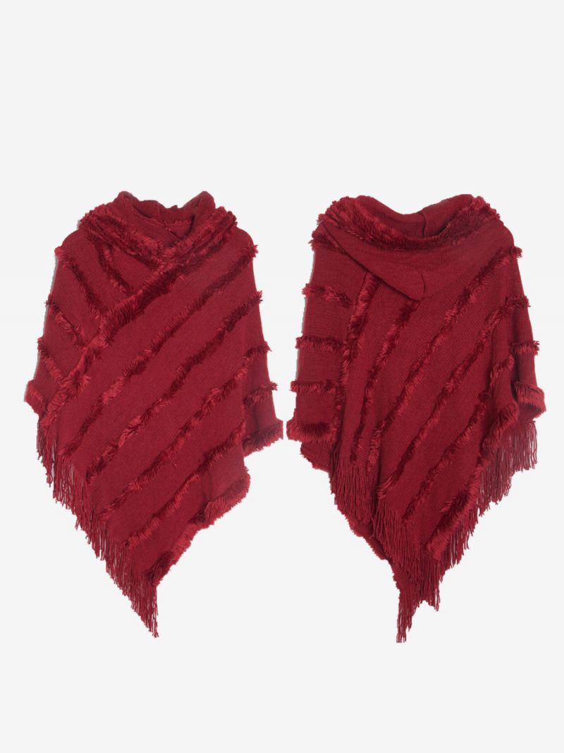 Dame Poncho Hette Grønn Oversized Fringe Cape - Burgunder