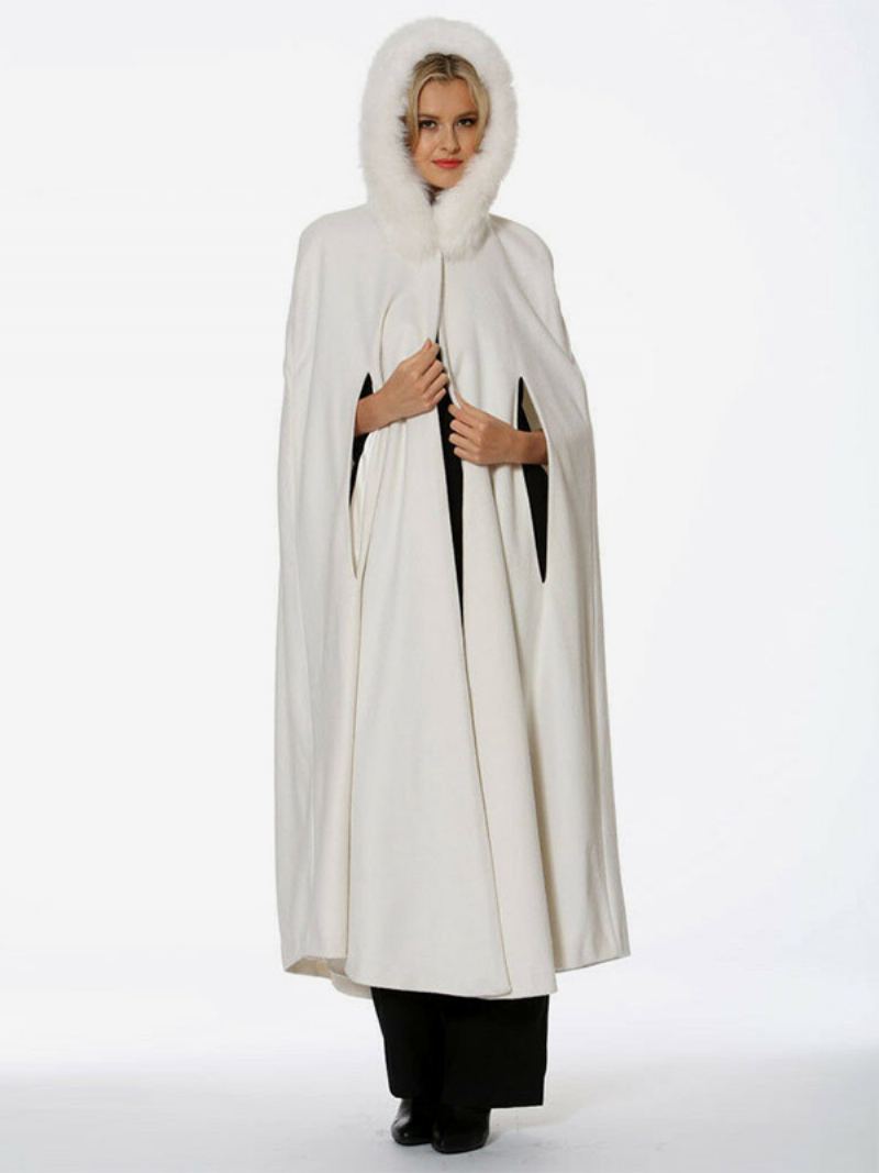 Poncho Med Hette For Kvinner Elfenben Oversized Faux Fur Cape Yttertøy - Elfenbein