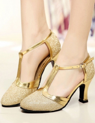 Dame Gull Ballroom Sko Glitter Rund Toe T Type Vintage Salsa Danse