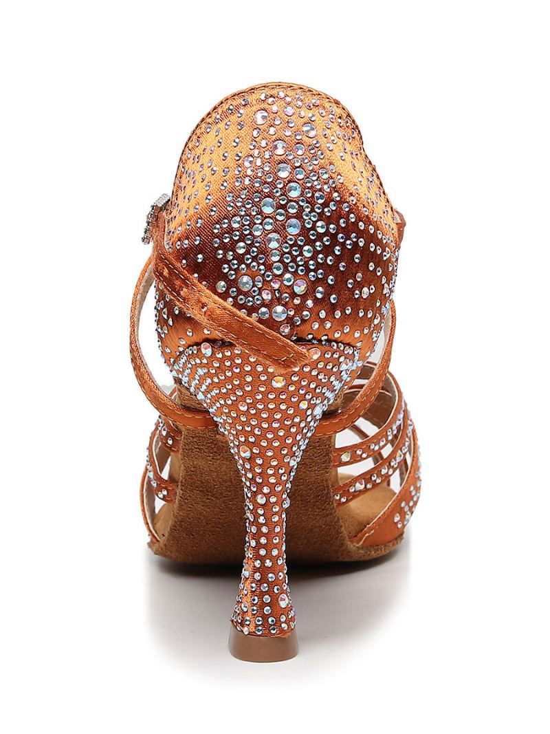 Dame Rhinestones Spool Heel Strappy Dance Sko - Kaffebrun