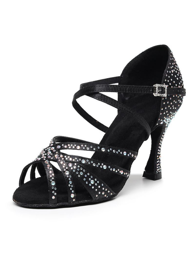 Dame Rhinestones Spool Heel Strappy Dance Sko - Sort