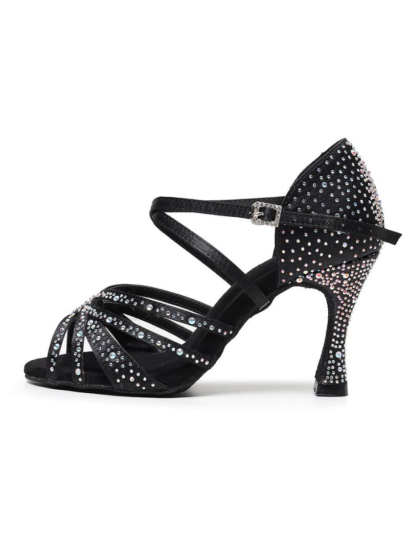 Dame Rhinestones Spool Heel Strappy Dance Sko - Sort
