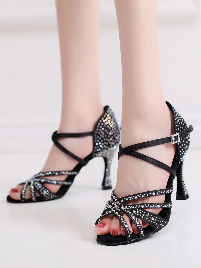 Dame Rhinestones Spool Heel Strappy Dance Sko - Sort