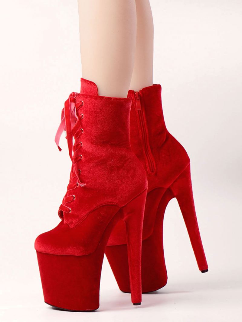 Dame Sexy Boots Rund Toe Lace Up Stiletthæl Rave Club Lilla Lår Høye Over Kneet Støvler - Rød