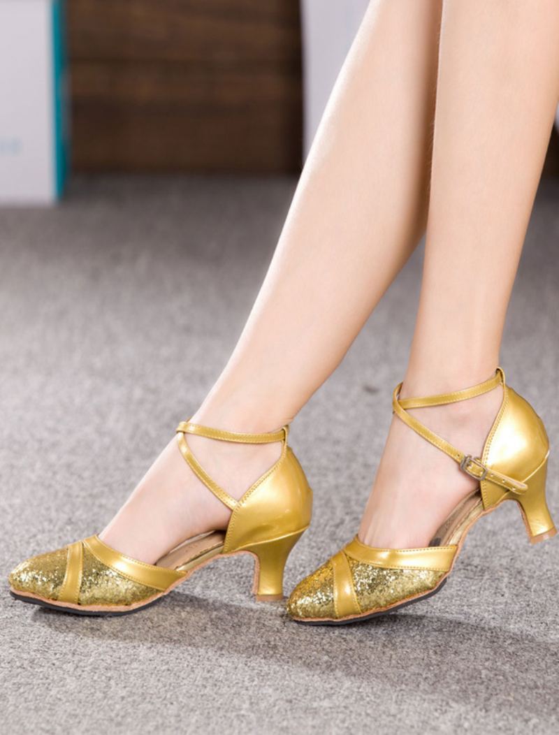 Glitter Ballroom Sko Svart Rund Toe Criss Cross Latin Danse Dame Tango - Gull