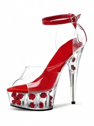 Pole Dance Sko Dame Sexy Høyhæl Sandaler Rødt Pu Skinn Peep Toe Stiletthæl Ankel Stropp Hæler