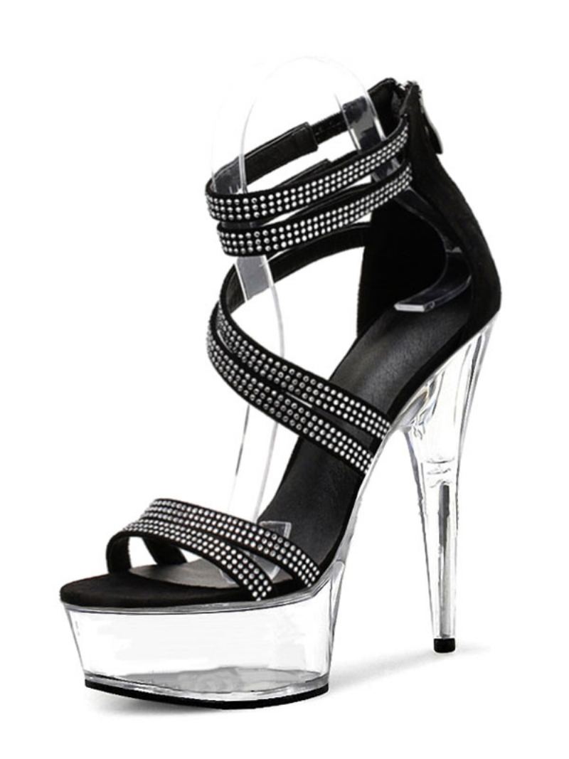 Pole Dance Sko Sexy Sandaler For Kvinner Pu Lær Peep Toe Stiletthæl Svart Ankelrem Hæler - Gjennomsiktig