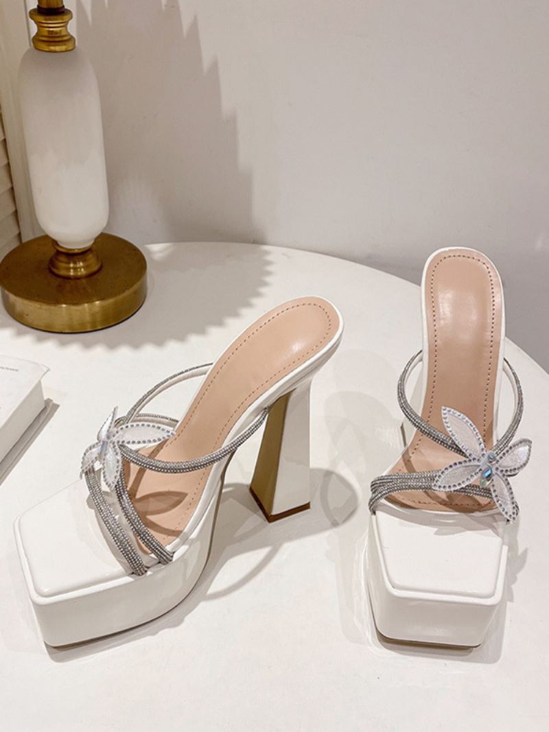 Sexy Kvinners Sandaler Square Toe Stiletthæl Sommerfugldetaljer Sandal Sko - Hvit