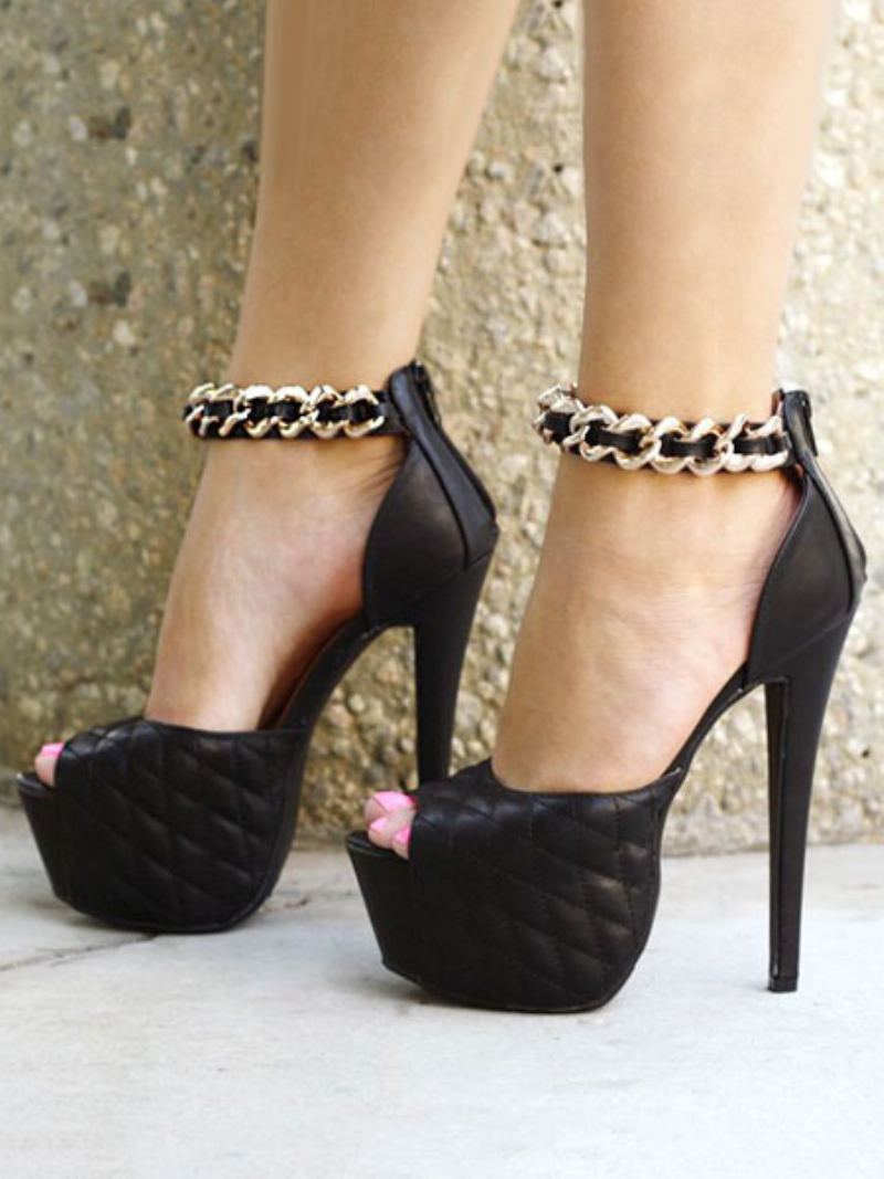 Svarte Sexy Sandaler Peep Toe Stiletto Hælkjeder Sandal Sko For Dame