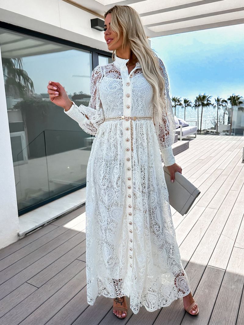 Dame Skjortekjoler Knapper Belted Lanterne Ermer Blonder Elgant Maxi Dress - Hvit