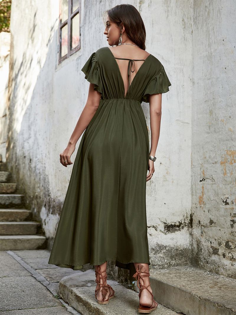 Kvinners Boho-kjole V-hals Flutter-ermer Midje Snøring Uformelle Sommer-maxikjoler - Hunter Green