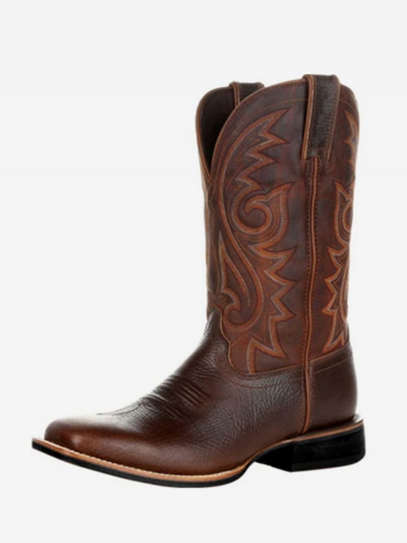 Herrestøvler Cowboystøvler Kaffebrun Pu-skinn Med Spisse Tå Mid Kalv Støvler