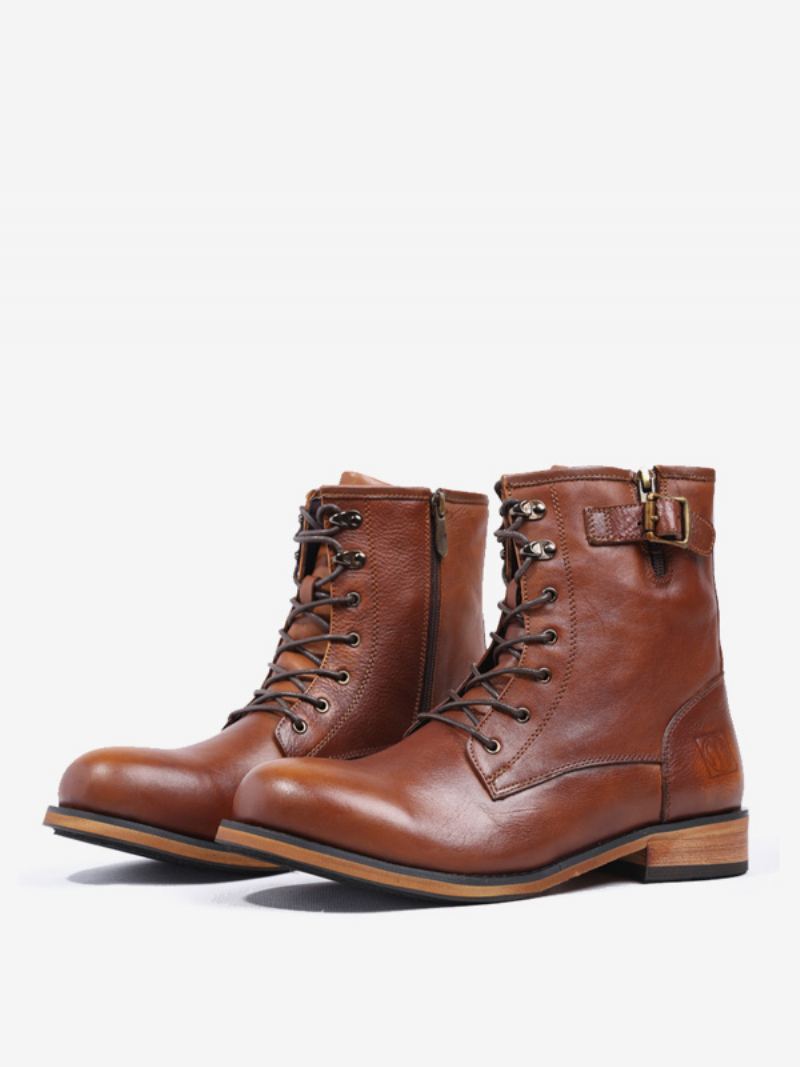 Herrestøvler Motorsykkel Dypbrun Kuskinn Rundtå Combat Boots - Dyp Brun