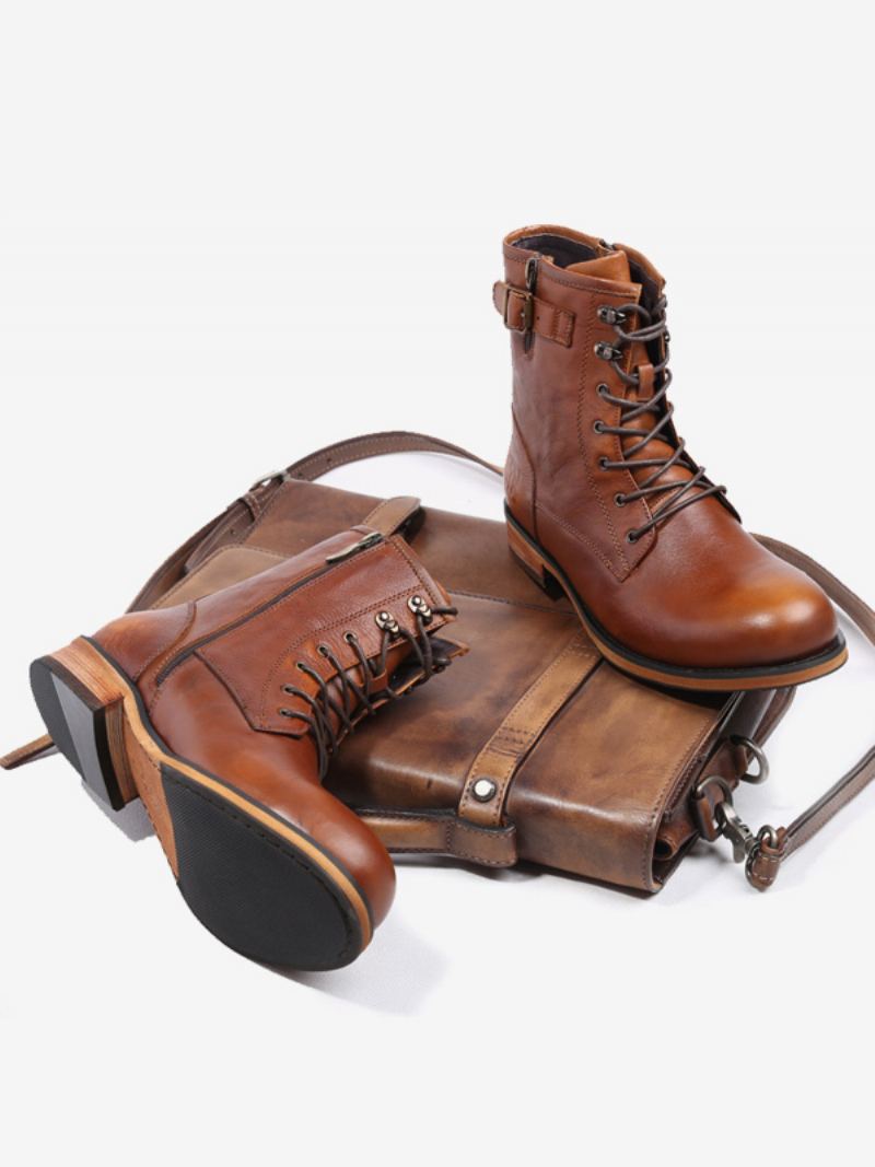Herrestøvler Motorsykkel Dypbrun Kuskinn Rundtå Combat Boots - Dyp Brun