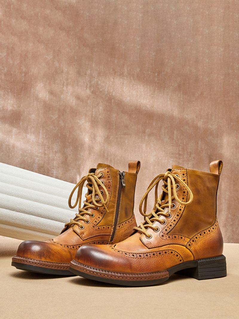 Menns Martin Brogue Business Casual Retro Kaffe Brun Kuskinn Rund Tå Korte Støvler - Kaffe Brun