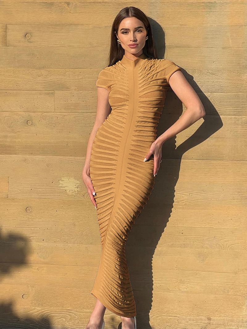 Dame Gjennomsiktig Bodycon Kjole Kortermet Ruched Night Out Maxikjoler - Kamel