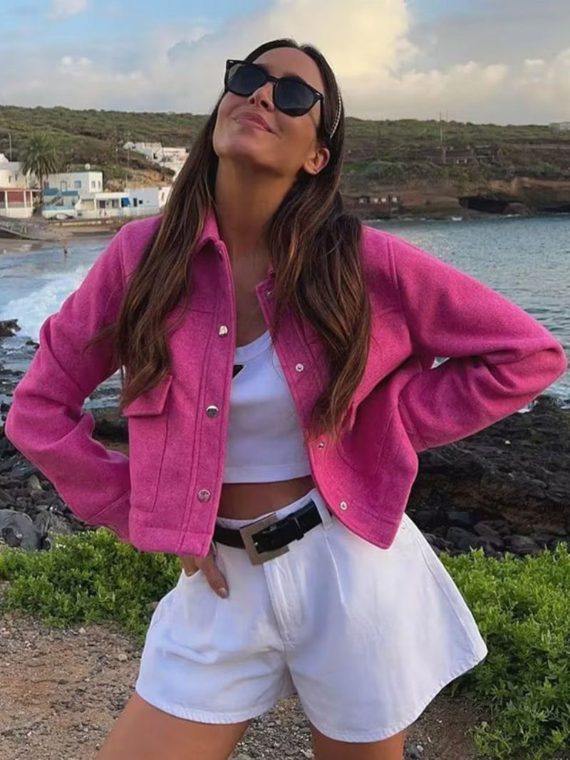 Damejakker Turndown-knapper Med Lange Ermer Crop-jakke - Rosa