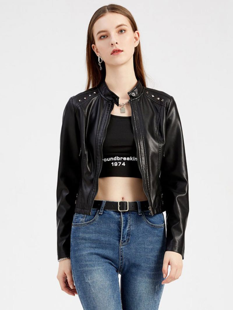 Faux Leather Jacket Pu Rivet Zip Up Stand Collar Spring Fall Street Biker Yttertøy For Kvinner