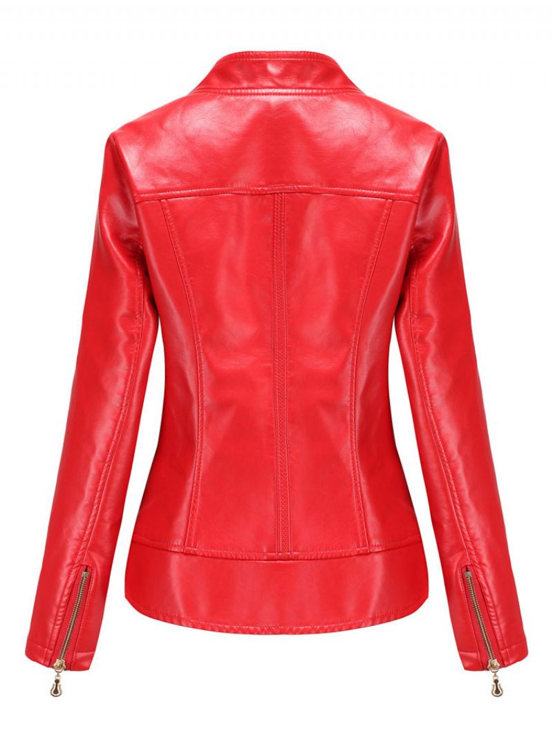 Pu Leather Moto Jacket Zip Up Spring Biker Yttertøy For Kvinner - Rød