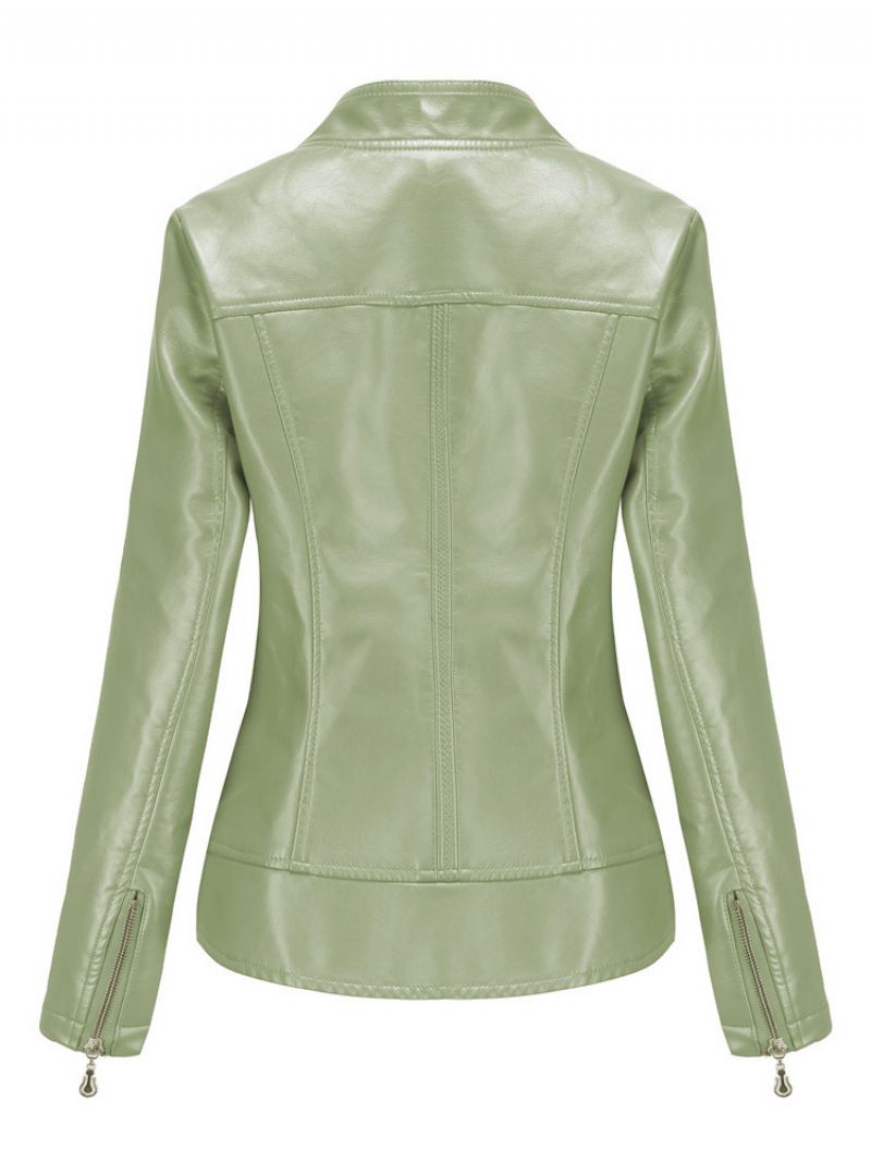 Pu Leather Moto Jacket Zip Up Spring Biker Yttertøy For Kvinner - Sage