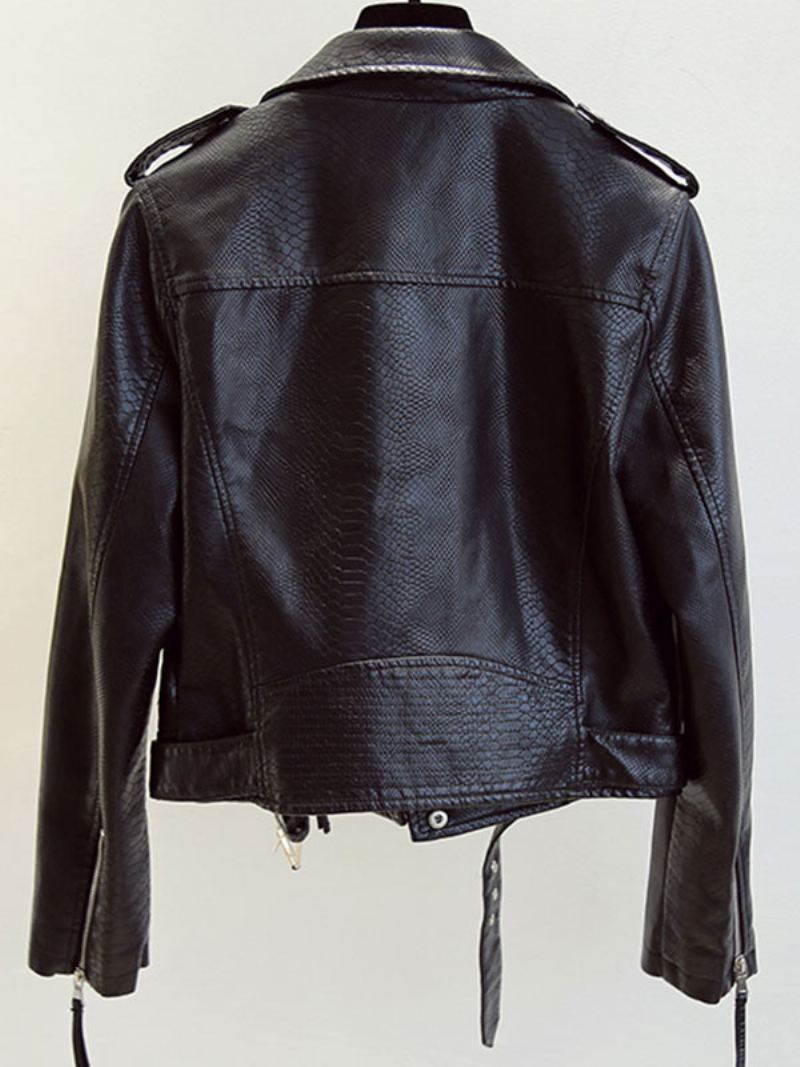 Pu Skinnjakke Turndown Krage Spring Moto Yttertøy For Dame - Sort