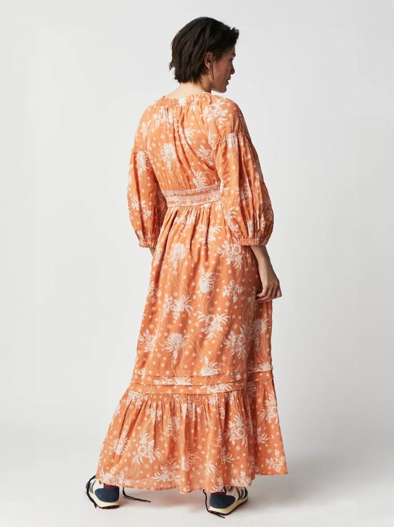 Blomsterkjole For Kvinner Maxikjoler Kjoler Blomstertrykk Stretch Plissert V-hals Halve Ermer Ingen Åpen Søm Elegant Sommer Lang - Oransje