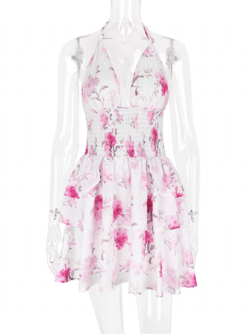 Blomsterkjole For Kvinner Minikjoler Kjoler Blomstertrykk Grime Lagdelt Snøringgrime Ermeløs Ryggløs Ingen Åpen Søm Sexy Fall Short - Rosa