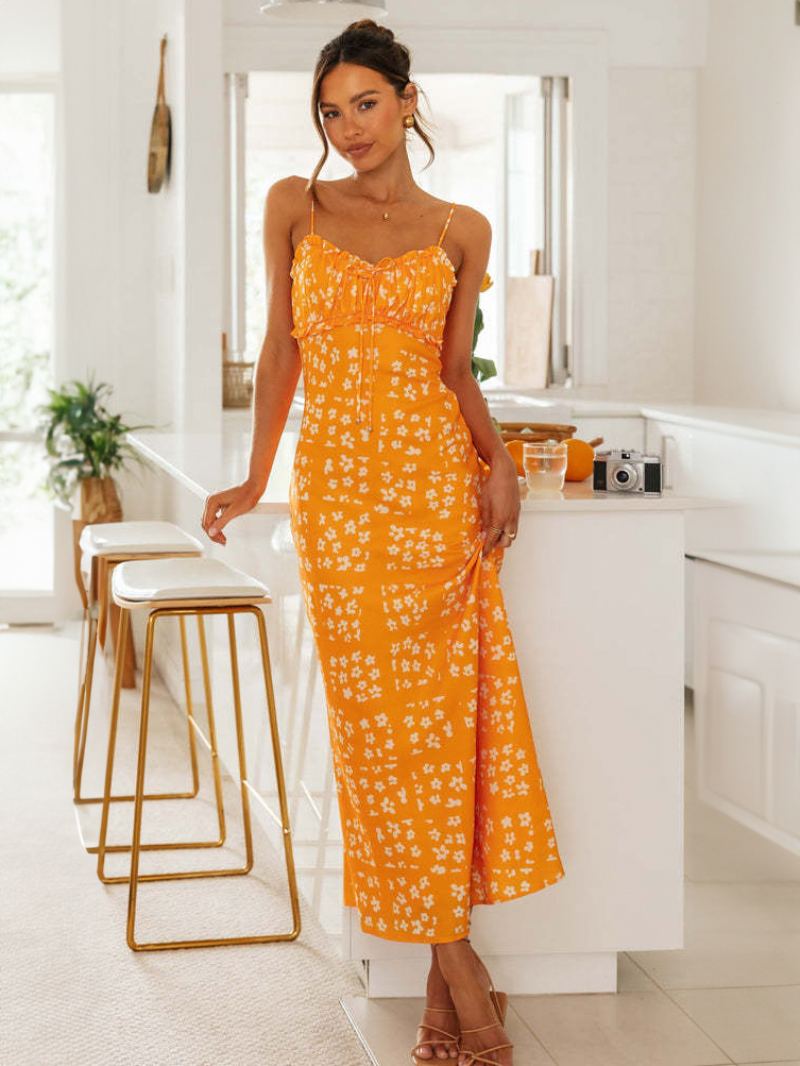 Dame Blomsterkjole Justerbare Spaghetti Stropper Ryggløse Sommer Maxi Kjoler - Oransje