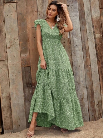 Dame Sommer Maxi Kjoler Blå V-hals Ruffles Blomstertrykk Strandkjole