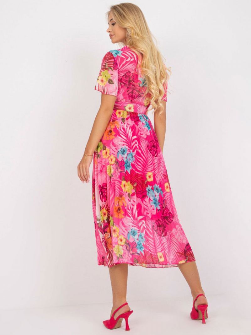 Dame Sommerkjole V-hals Blomsterprint Sash Grønn Medium Beach Dress - Fersken