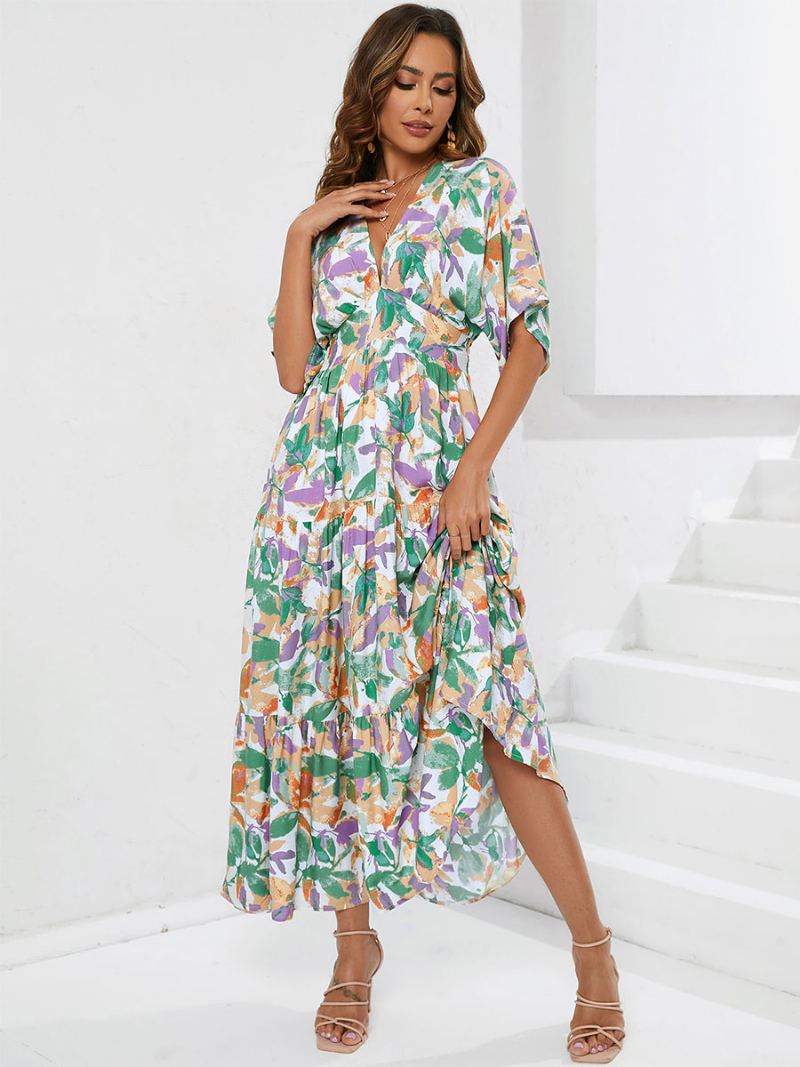 Dame Sommerkjole V-hals Trykt Lagdelt Grønn Long Beach Dress