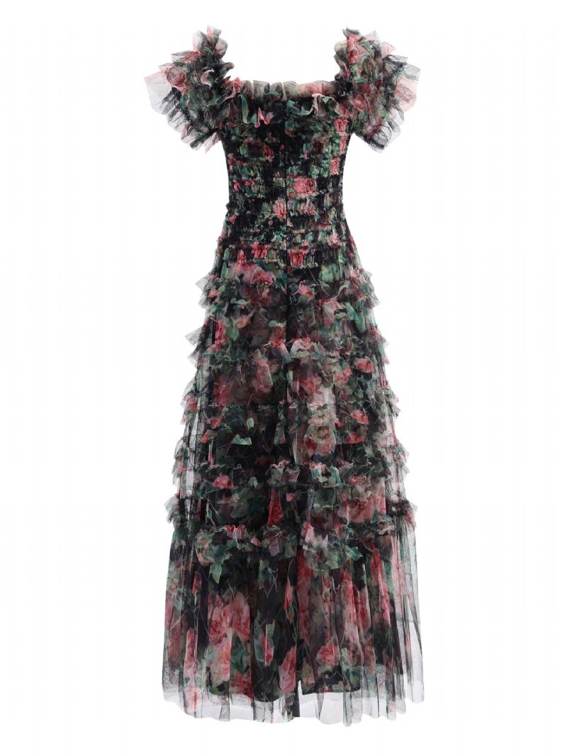 Kvinners Ruffles-kjole Floral Tyll-trykt Daglige Uformelle Sommerkjoler - Sort