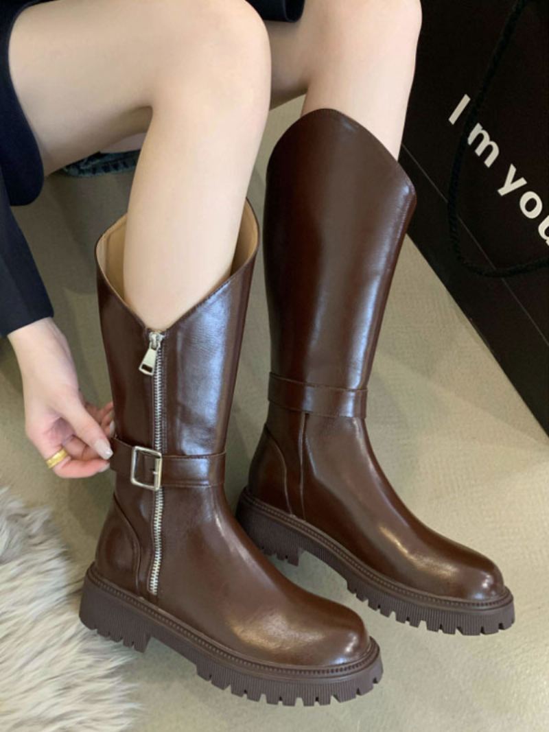 Black Flat Boots Damespenne Rund Toe Mid Kalv Støvler - Dyp Brun