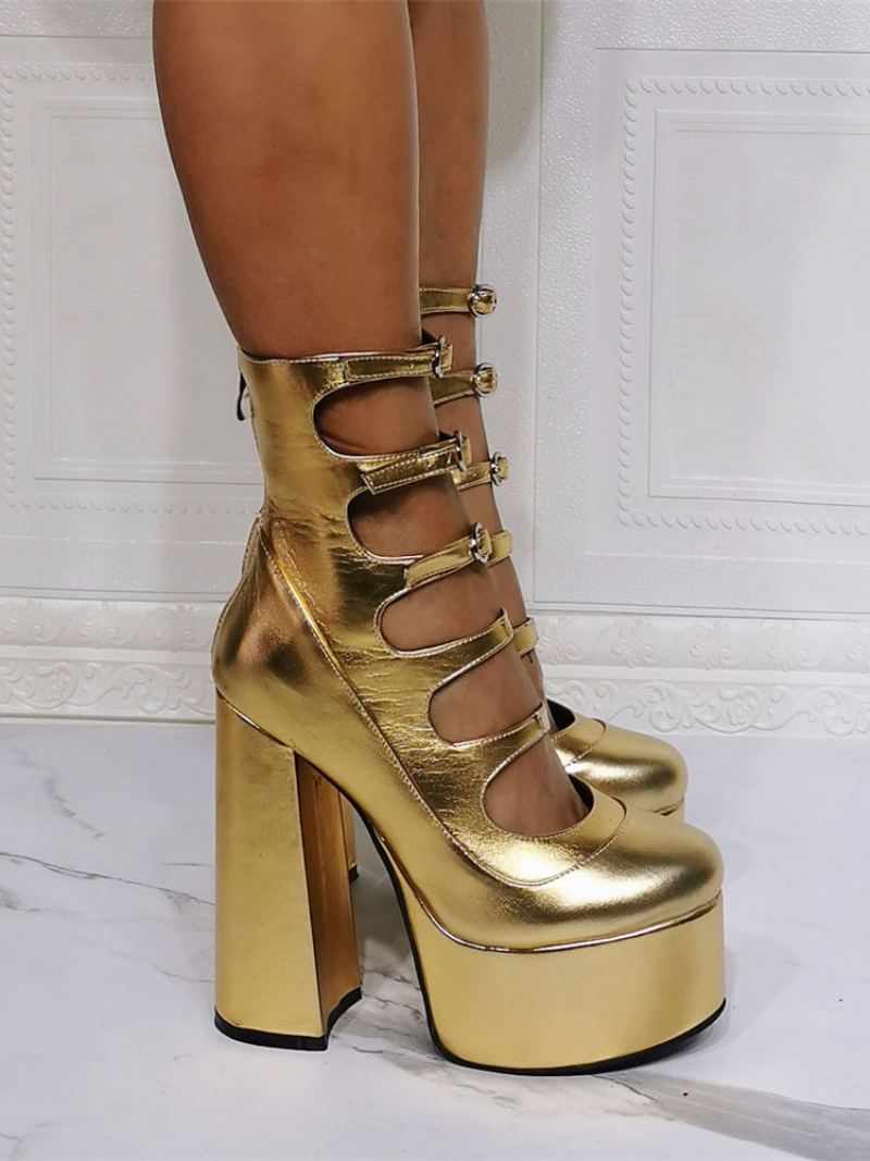 Dame Ankelstøvletter Rød Tykk Hæl Plattform Cut Out Spenne Detalj Sandal Booties - Lys Gull