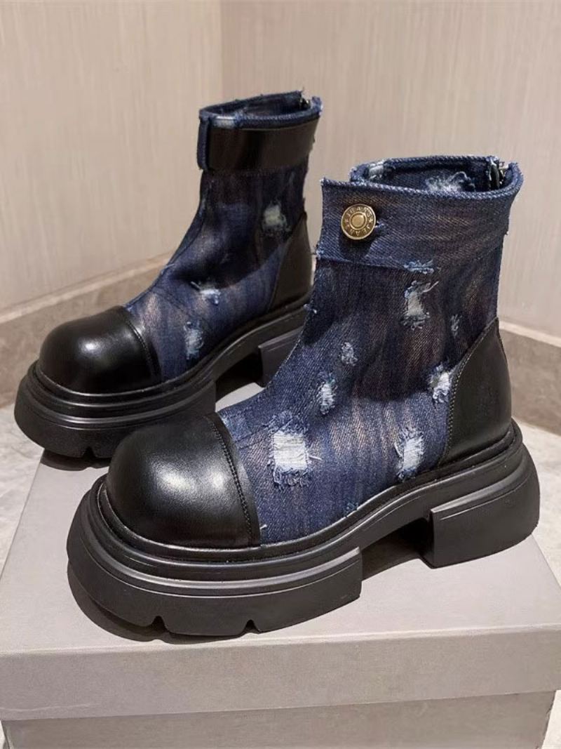 Dame Denim Patchwork Rund Tå Flate Ankelstøvletter - Dyp Blå