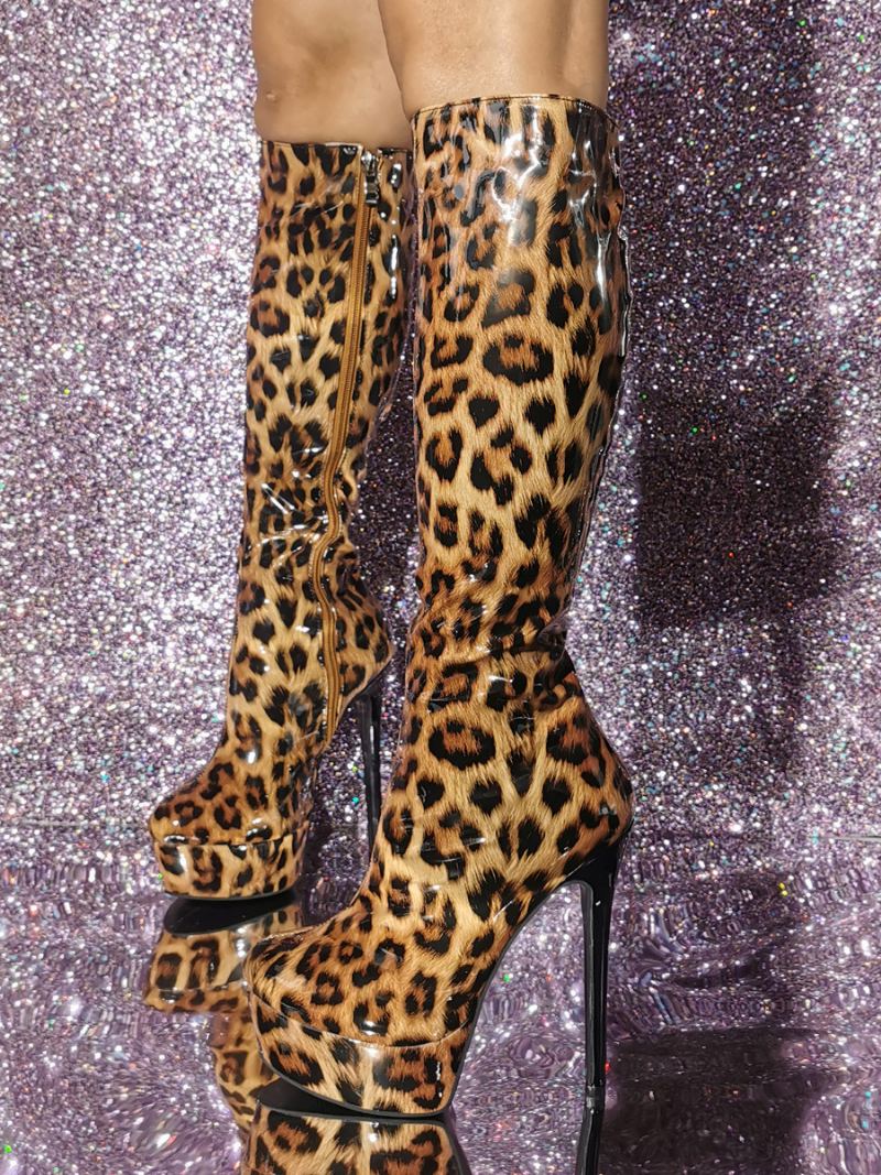 Dame-patent Pu Øvre Stiletthæl-kne-høye Støvler - Leopard