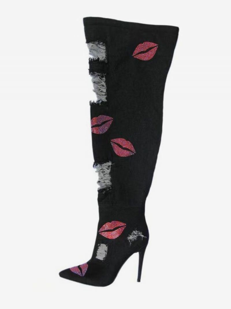 Dame Rhinestones Stiletto Hæl Lår Høye Støvler Canvas