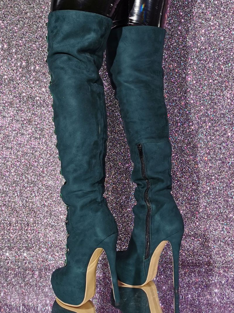 Høye Damestøvler Med Rund Tå Stiletthæl Micro Suede Overdel - Mørk Grønn