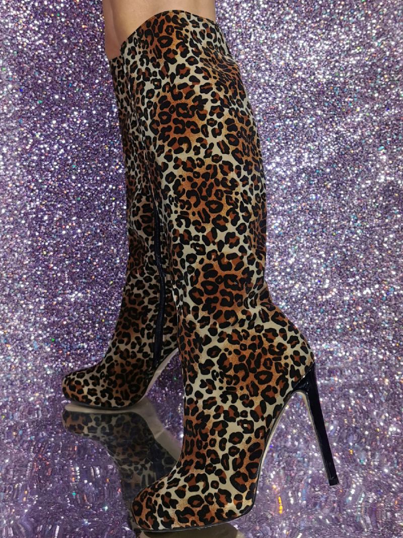 Knehøye Støvletter Med Mikro-semsket Skinn Øvre Stiletthæl For Kvinner - Leopard