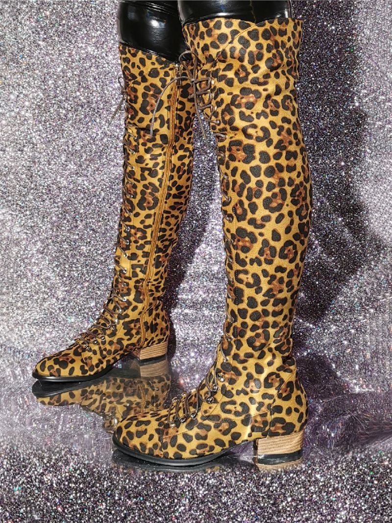 Kvinners Leopard Print Lår Høye Støvler Valp Hæl Elastisk Stoff
