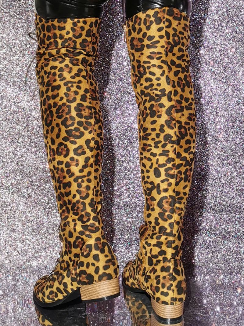 Kvinners Leopard Print Lår Høye Støvler Valp Hæl Elastisk Stoff - Leopard