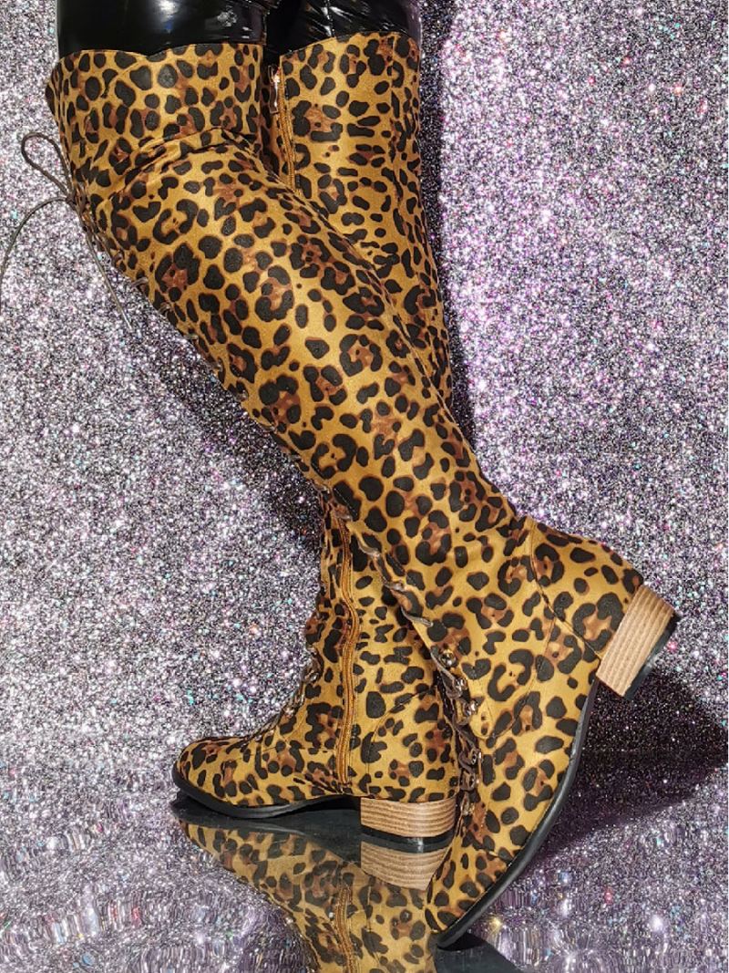 Kvinners Leopard Print Lår Høye Støvler Valp Hæl Elastisk Stoff - Leopard