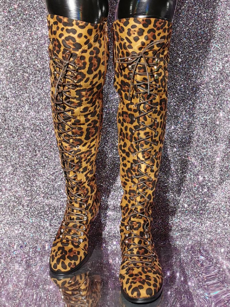 Kvinners Leopard Print Lår Høye Støvler Valp Hæl Elastisk Stoff - Leopard
